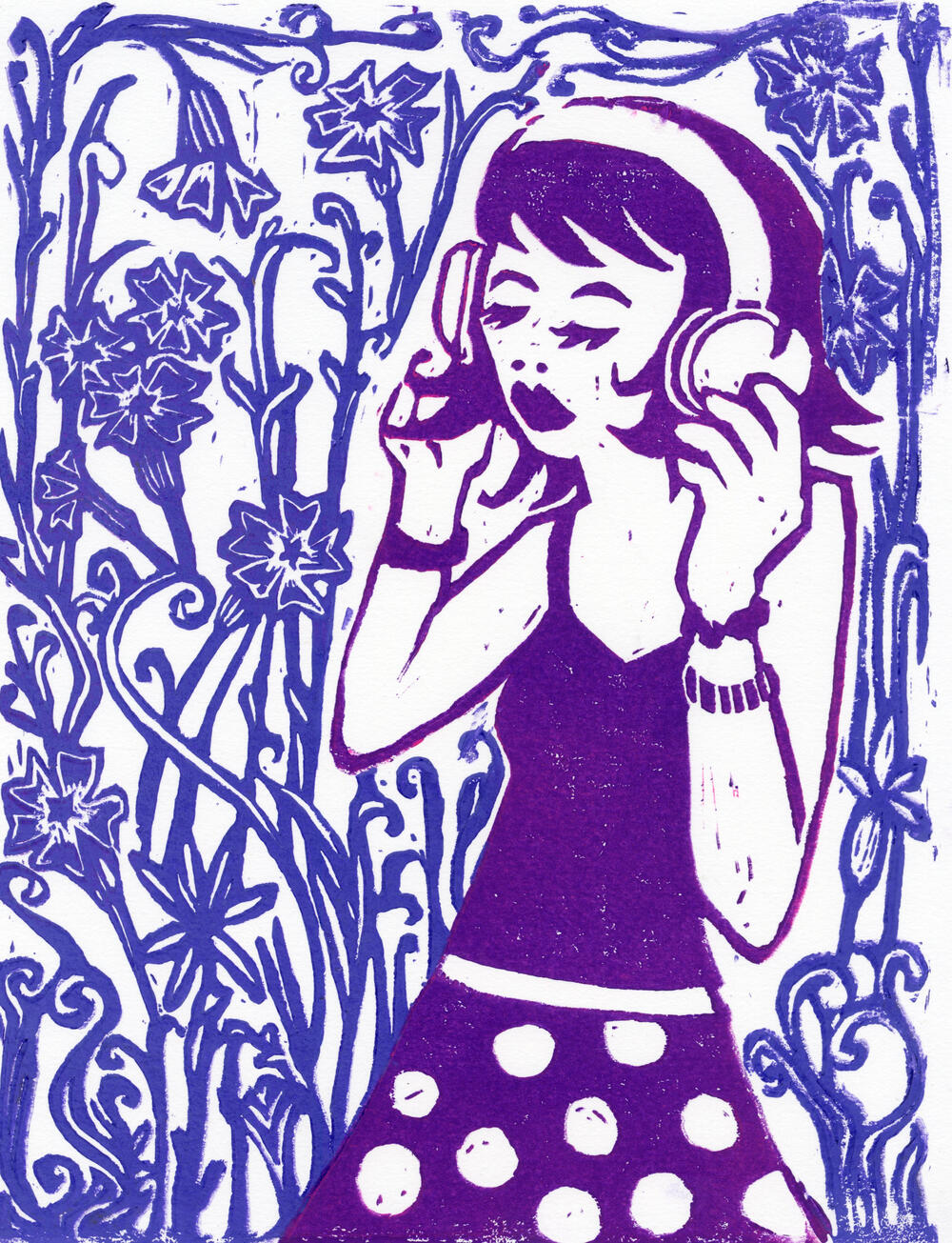 girl with headphones, 2025, linocut print.